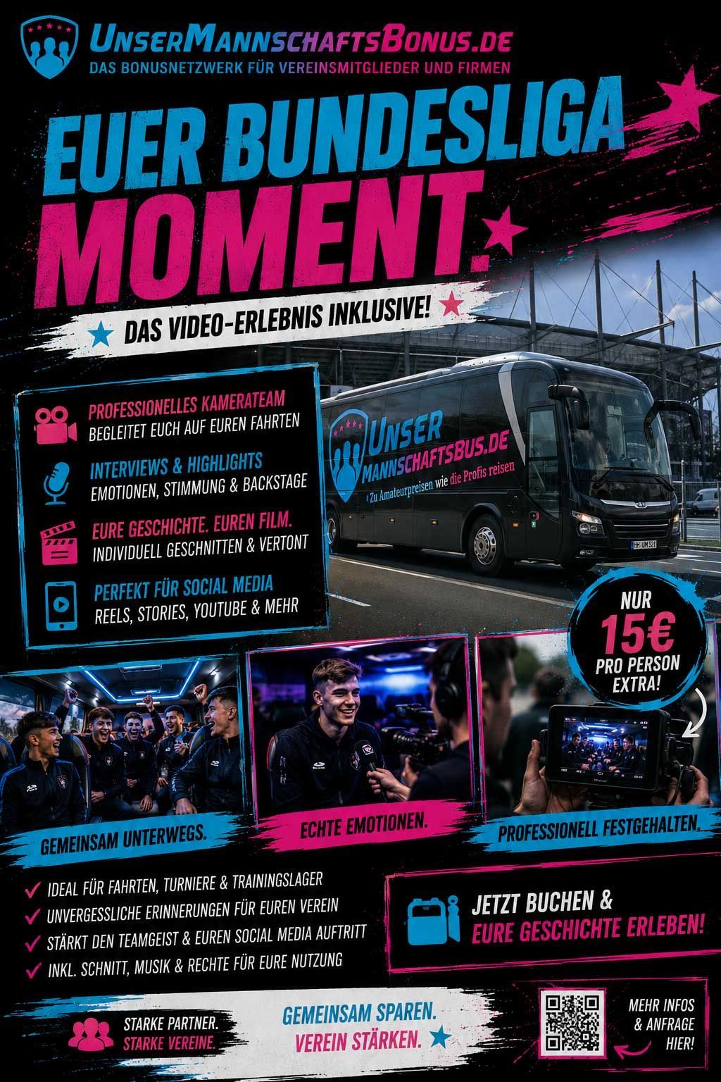 Werbeplakat in Blau und Rosa für ein Bundesliga-Fußballerlebnis mit Spielfotos, Veranstaltungsdetails und einem Bus.