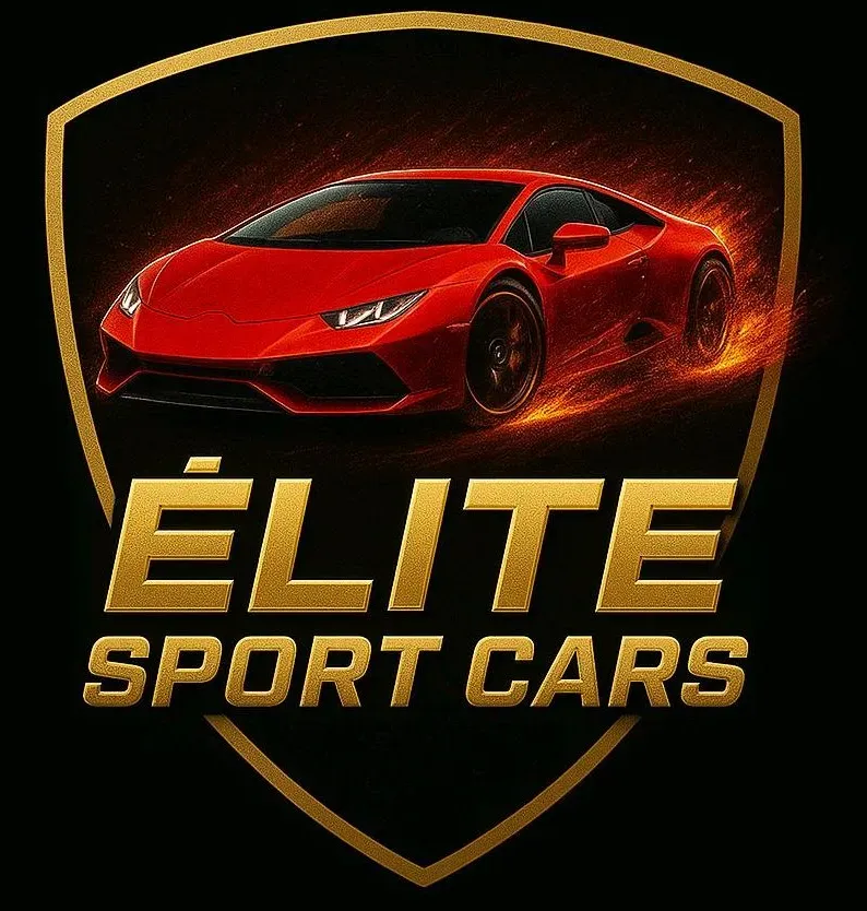 Logotipo de un coche deportivo rojo con el texto dorado «ELITE SPORT CARS» sobre un escudo negro