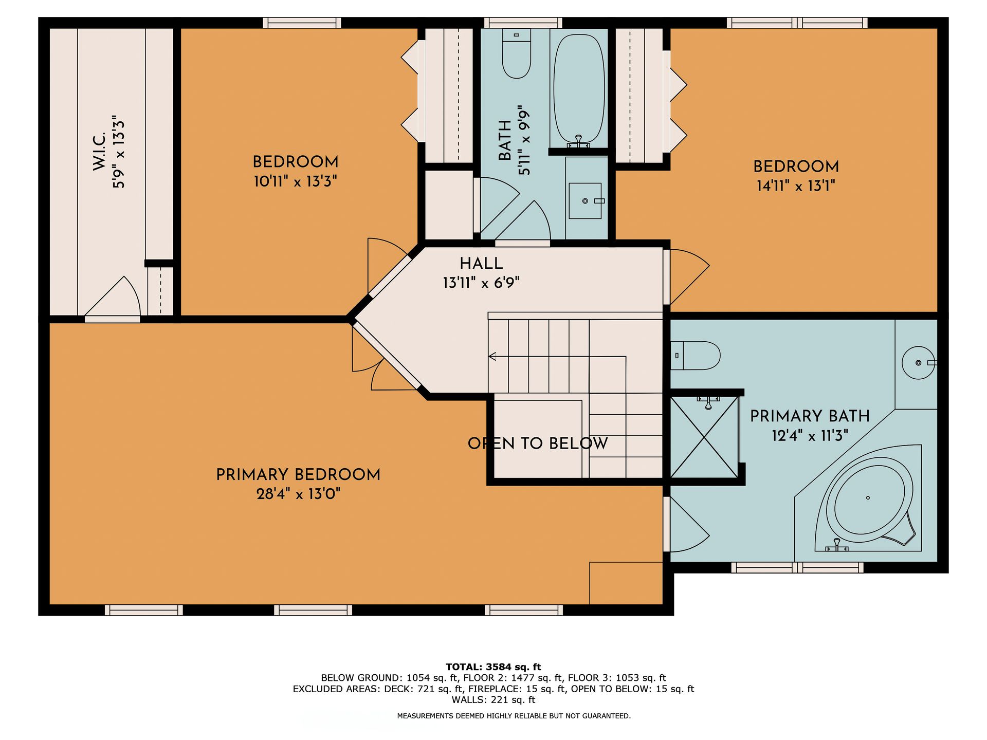 Floor plan of a second story, featuring bedrooms, bathrooms, and a hall. Orange and teal color scheme.