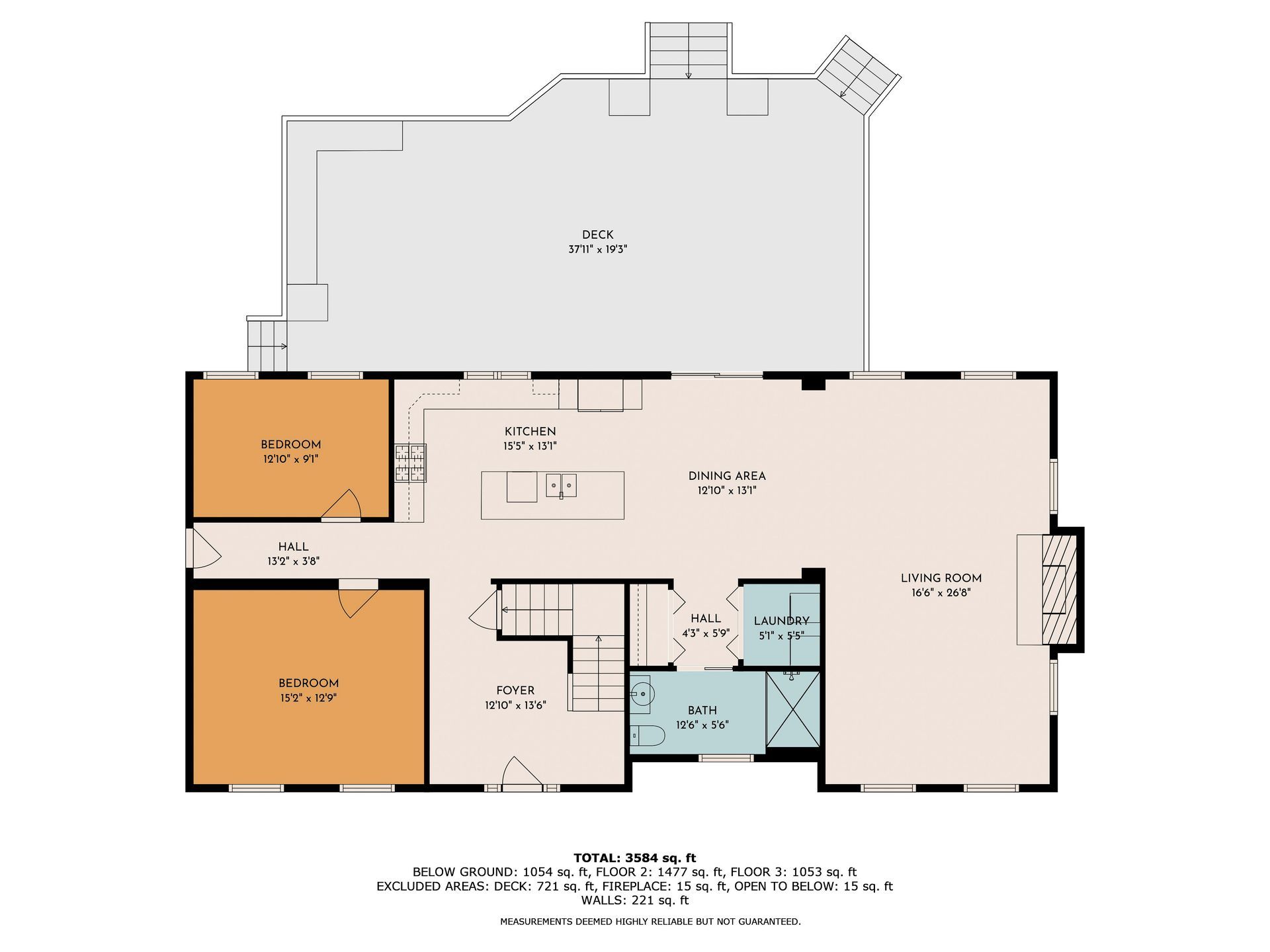 Floor plan of a house with labeled rooms: kitchen, living room, office, and bathrooms.