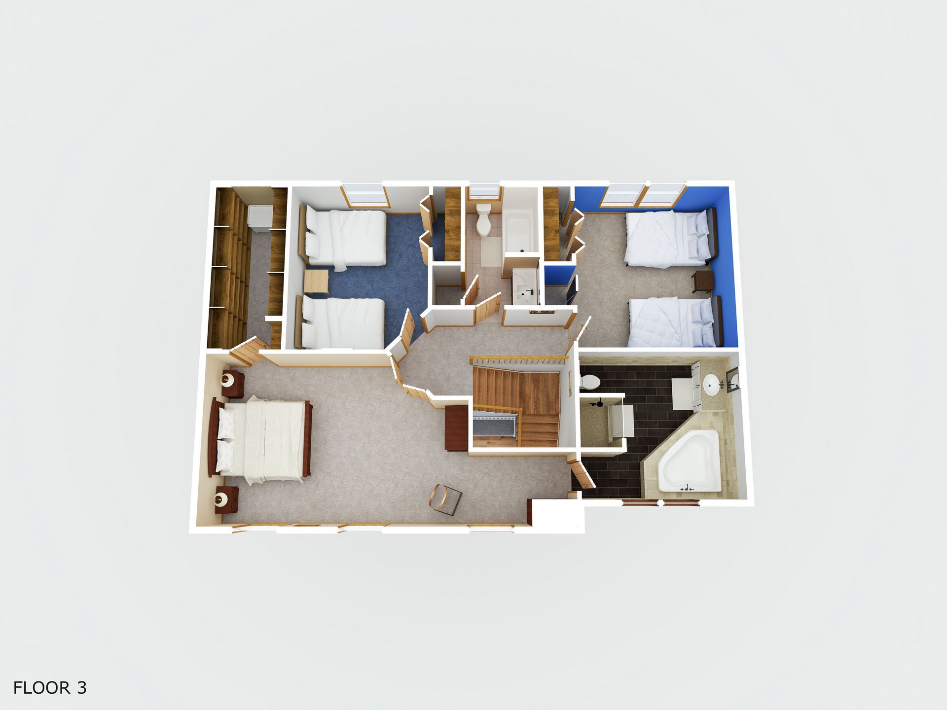 Floor plan of a house, depicting bedrooms, bathrooms, and a central staircase.