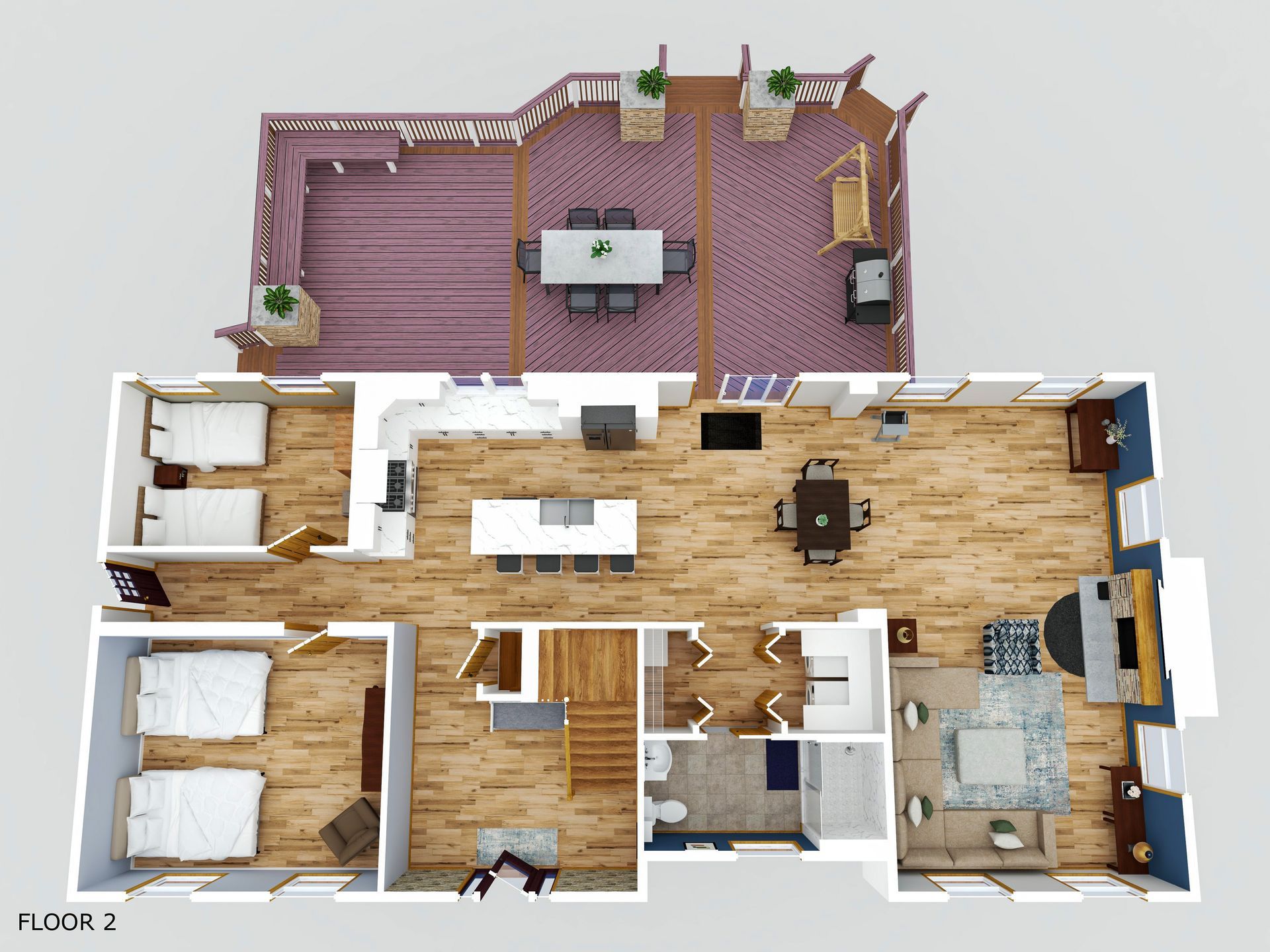 Floor plan of a house with a large deck, bedrooms, kitchen, living room, and dining area.