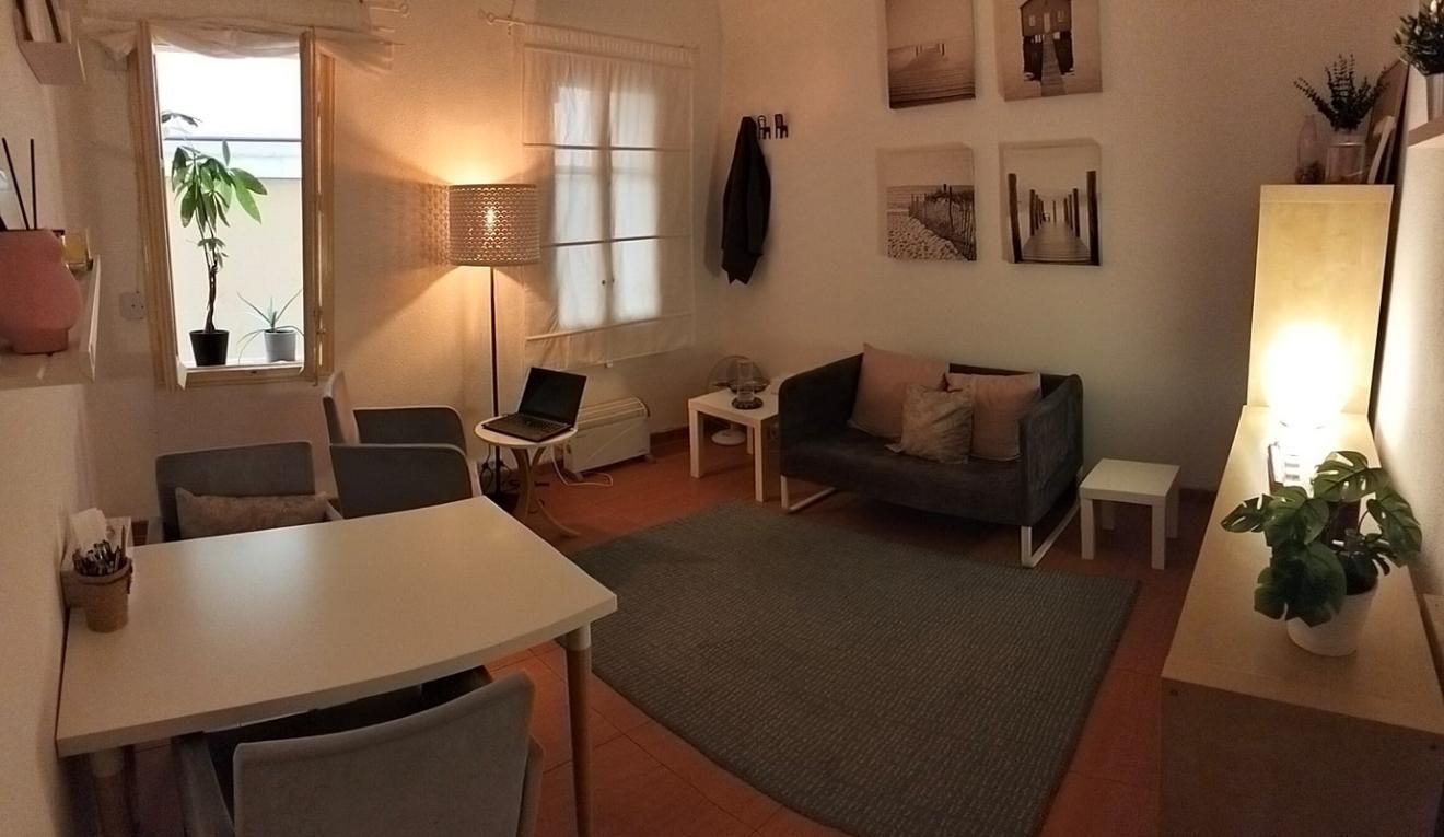 Una acogedora sala de estar con un sofá gris, mesa de comedor, alfombra, lámpara de pie y plantas de interior