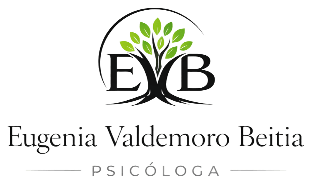 Logotipo de la psicóloga Eugenia Valdemoro Beitia con las iniciales "EVB" integradas en la ilustración de un árbol verde.