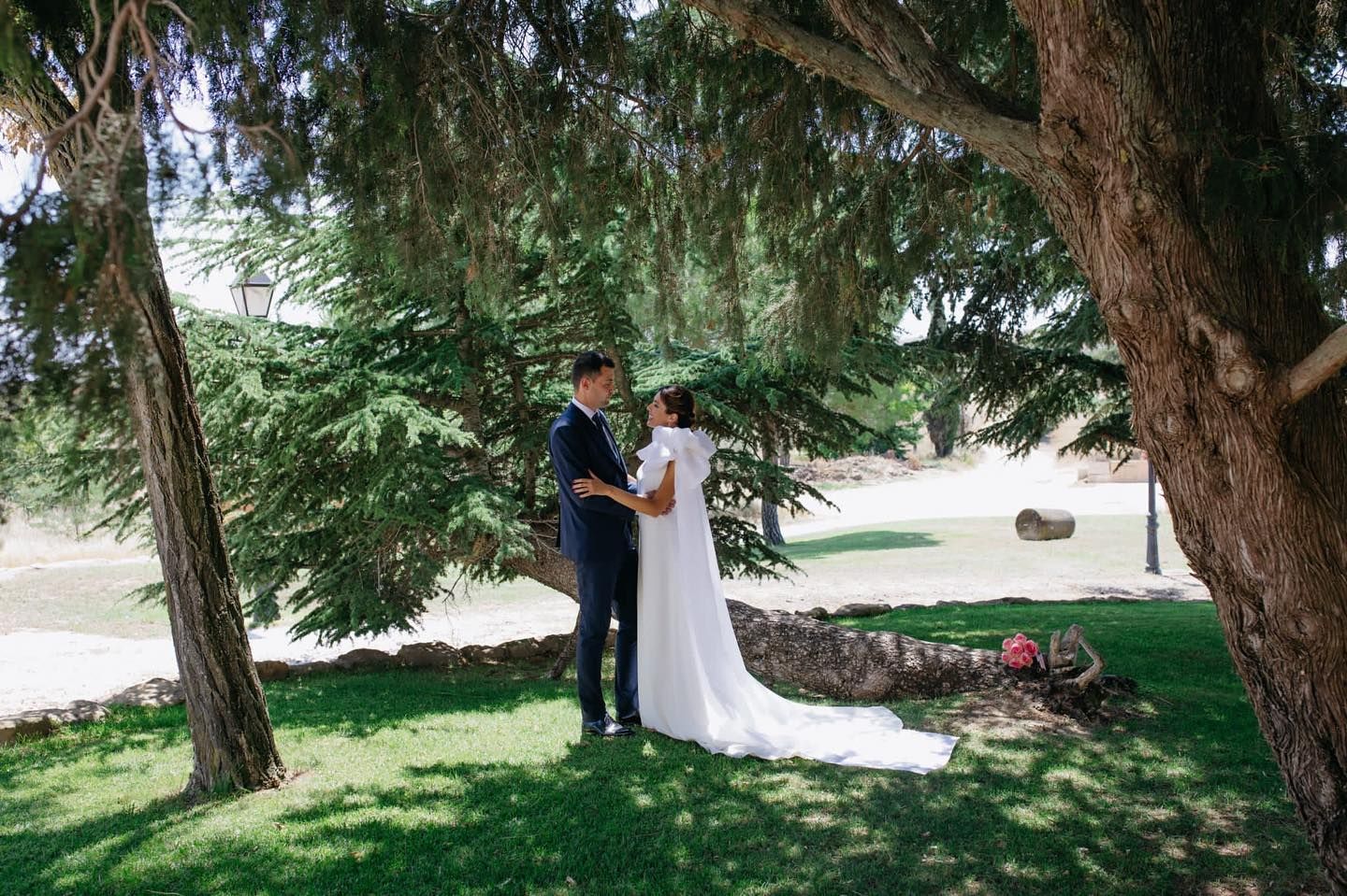 Una novia y un novio están de pie bajo un árbol en un parque.