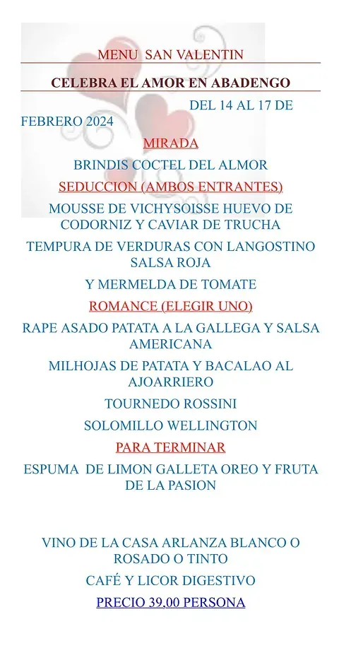 Un menú para el día de San Valentín en español