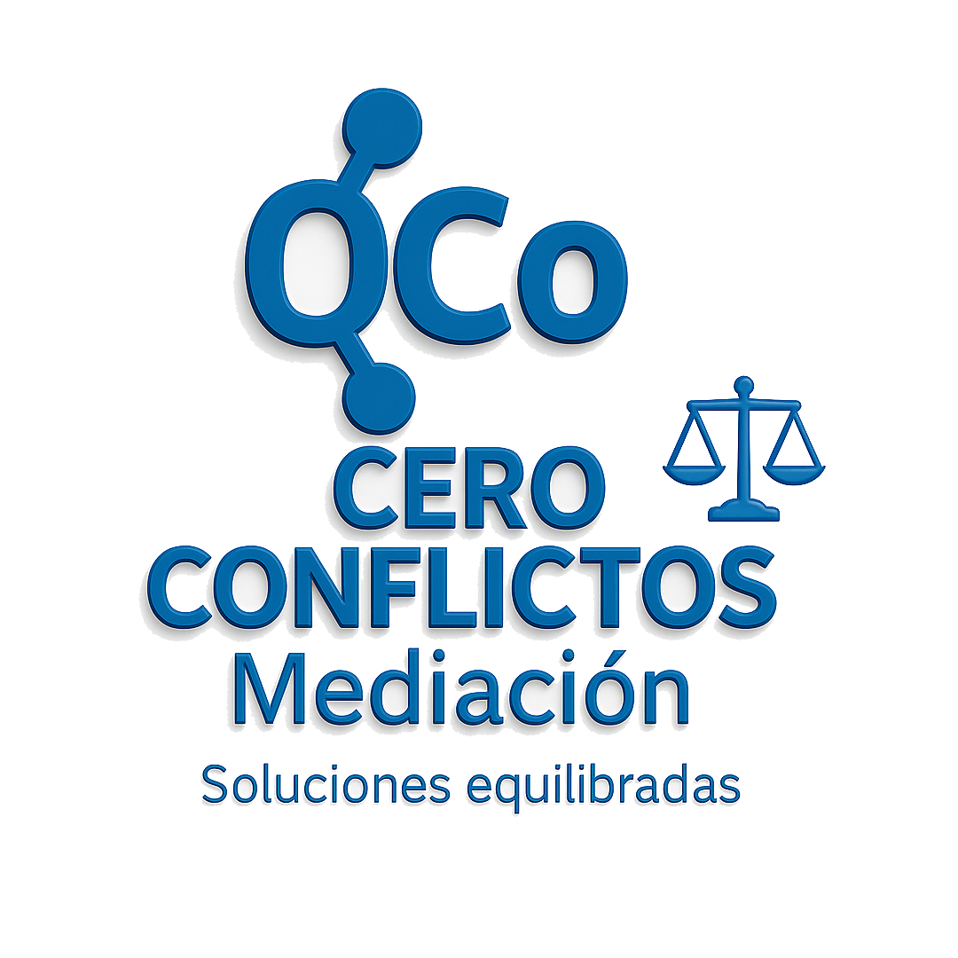 El logo de oco cero conflictos mediacion tiene una balanza de justicia.