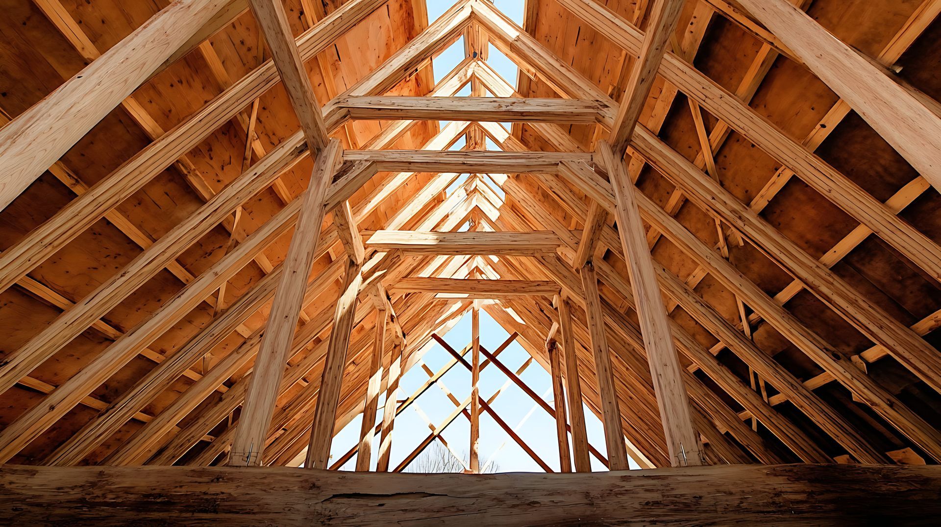 Vue intérieure de la charpente en bois d’un toit, avec des poutres apparentes et la lumière du soleil au faîtage