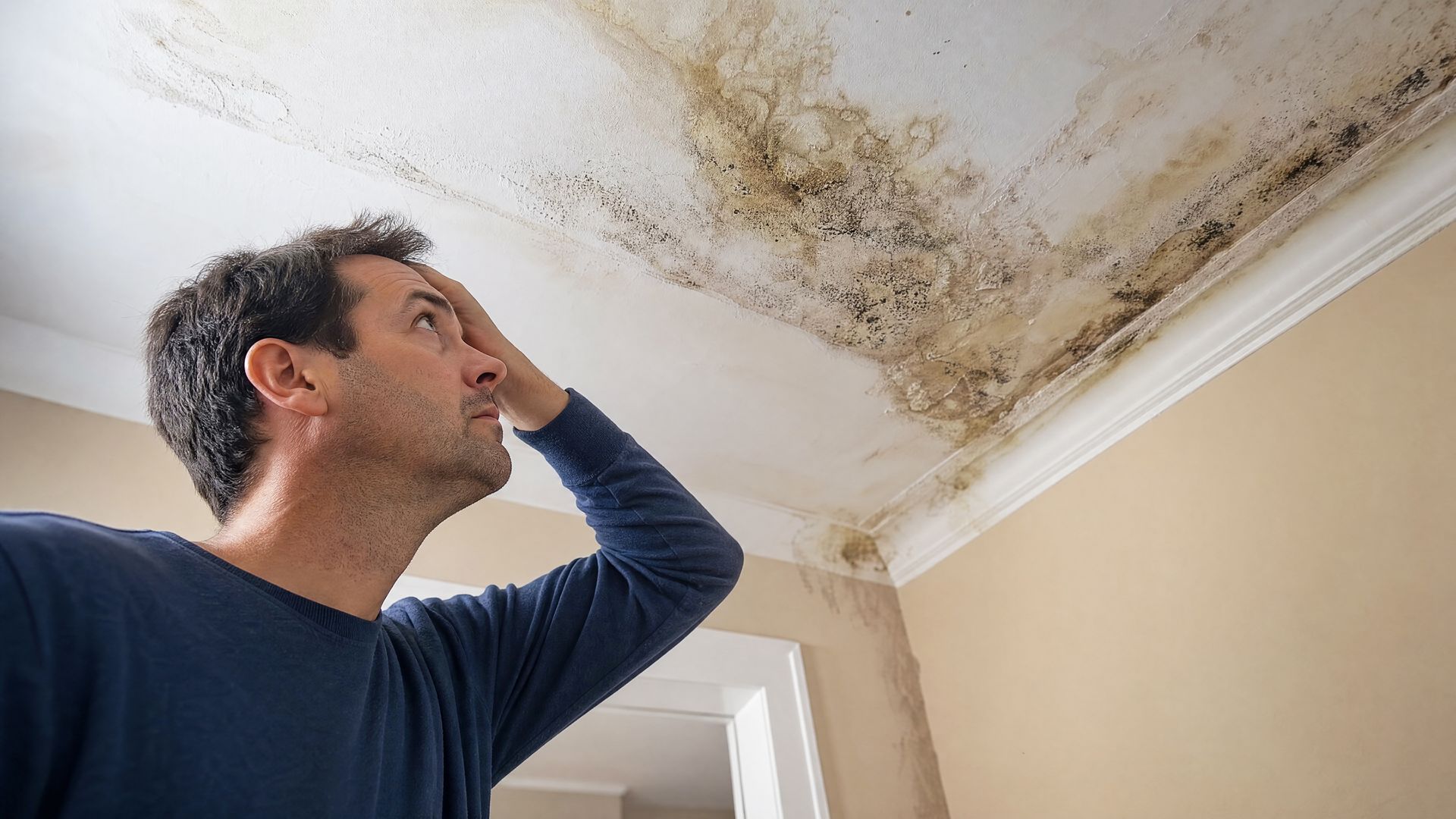 Un homme observe des moisissures et des dégâts des eaux au plafond d’une pièce