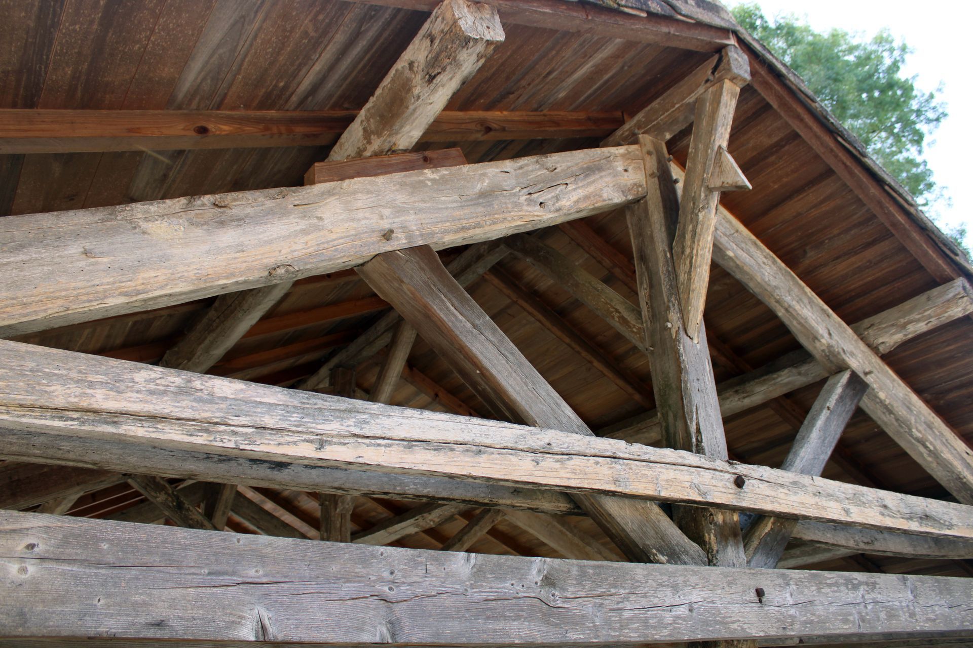 Des fermes en bois soutenant un toit patiné à l’intérieur d’une structure rustique