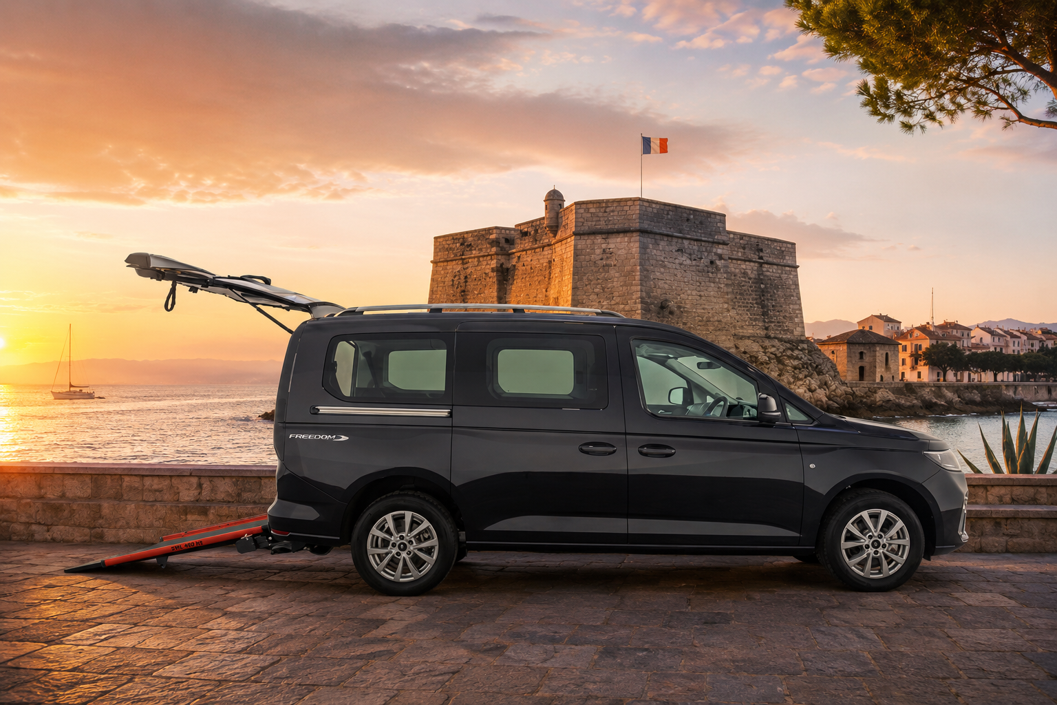 Une camionnette sombre près d'un fort en pierre en bord de mer au coucher du soleil, avec l'océan et le ciel chaud en arrière-plan.