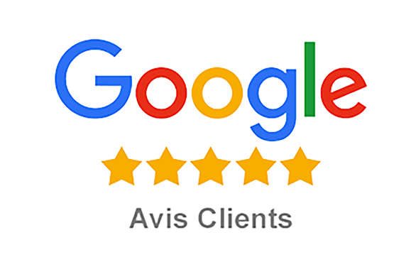 Vers nos avis Google Logo Google avec cinq étoiles dorées et le texte « Clients Avis » en dessous.