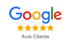 Logo Google avec cinq étoiles dorées et le texte « Clients Avis » en dessous.