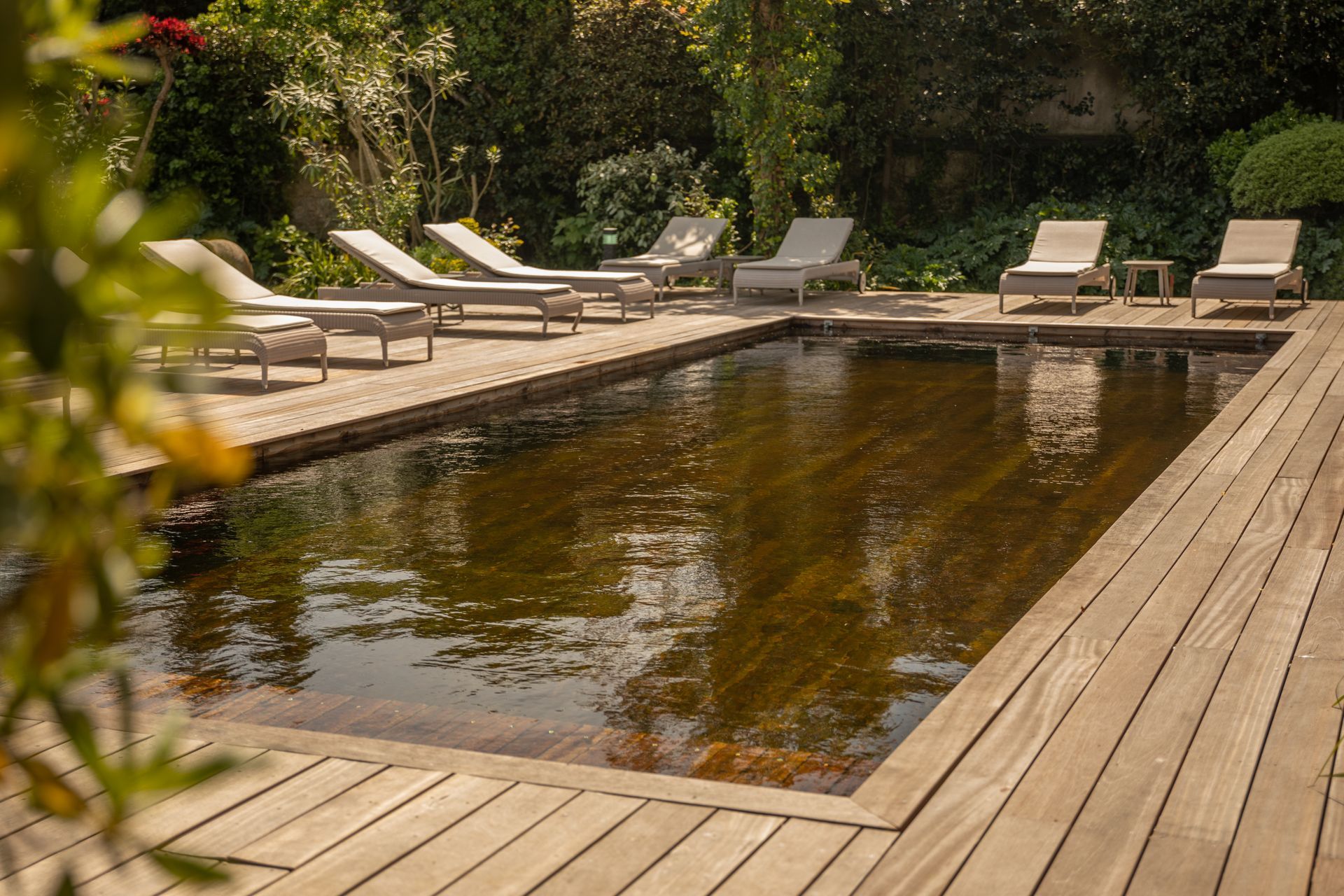 Piscine en bois immergée à côté d'un bâtiment en bois