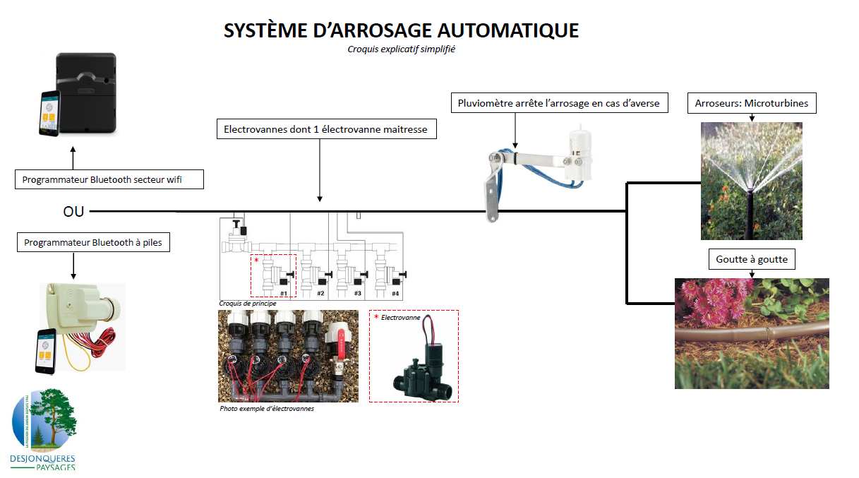 Schéma d'un système d'arrosage automatique, montrant des composants tels qu'une minuterie, des vannes et des arroseurs dans un jardin