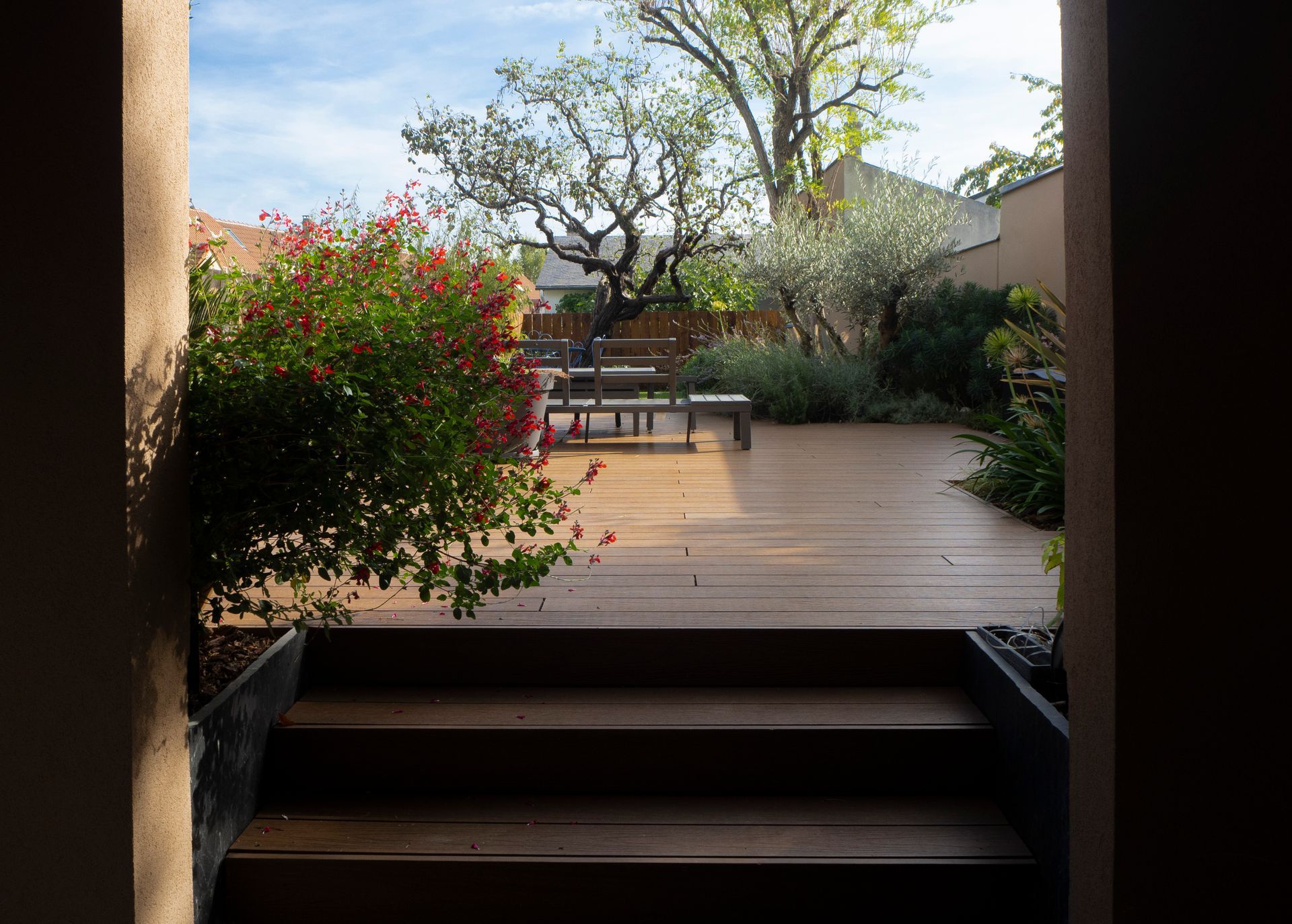 Une terrasse en bois un jardin vu depuis l'intérieur d'une porte, avec des buissons à fleurs rouges et blanches