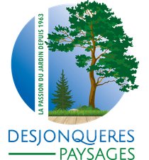 Logo Desjonqu&egrave;res Paysages avec un cercle bleu, un arbre et un texte Desjonqueres Paysages, la passion du jardin depuis 1963