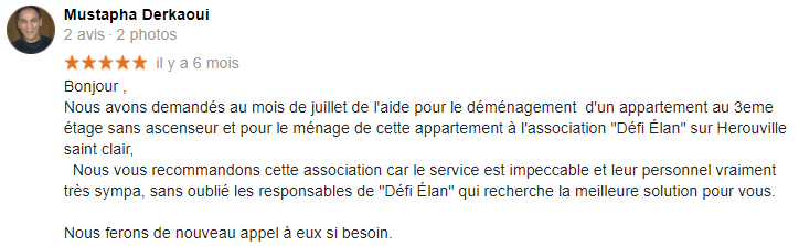 Avis de Mustapha Dorka avec une note de 5 étoiles, recommandant une association pour un excellent service.