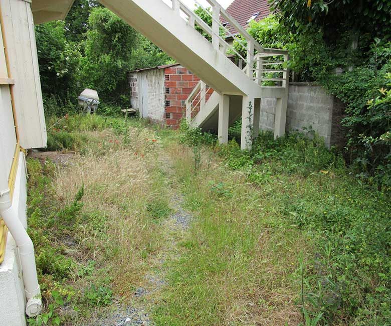Jardin envahi par la végétation avec escalier menant à l'étage. Herbe sèche, abri de jardin, mur de briques et végétation luxuriante.