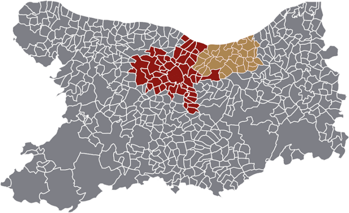Carte mettant en évidence deux zones en rouge et beige sur fond gris.