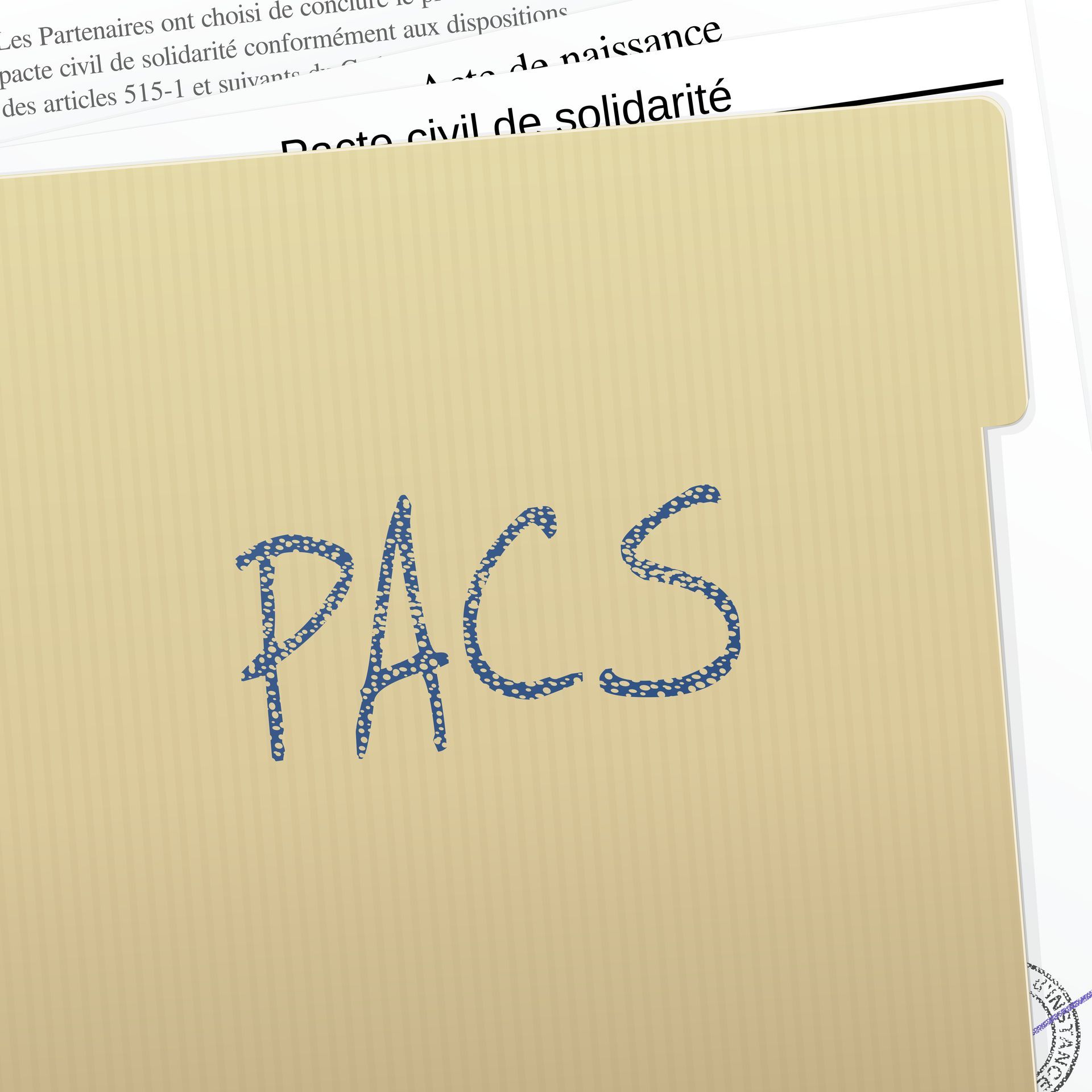 Dossier étiqueté PACS en lettres bleues.
