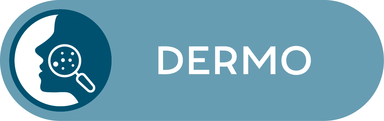 Un pulsante blu con la sagoma bianca di un volto esaminato da una lente d'ingrandimento, con accanto la parola Dermo