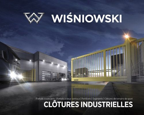 Logo Wiśniowski et clôture industrielle au crépuscule. Texte : Clôtures Industrielles.