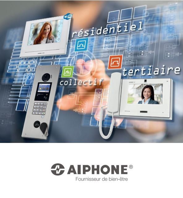 Une main pointant du doigt divers interphones avec le logo Aiphone.