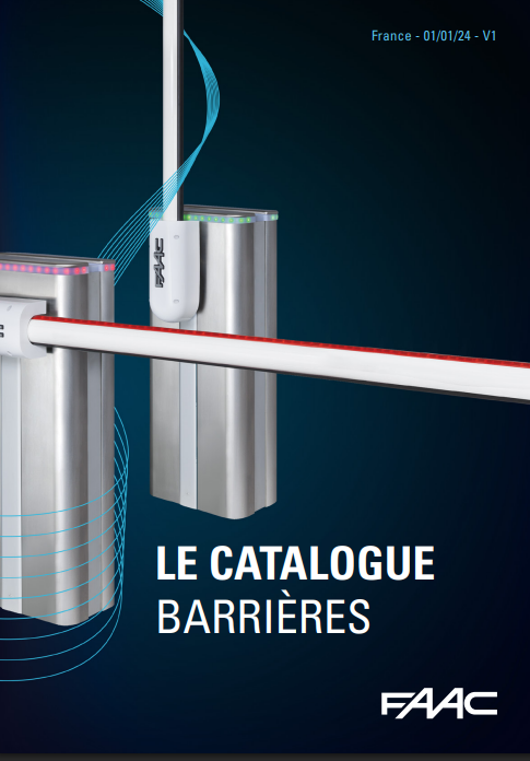 Couverture du catalogue : Barrière automatique blanche et argentée, fond bleu.