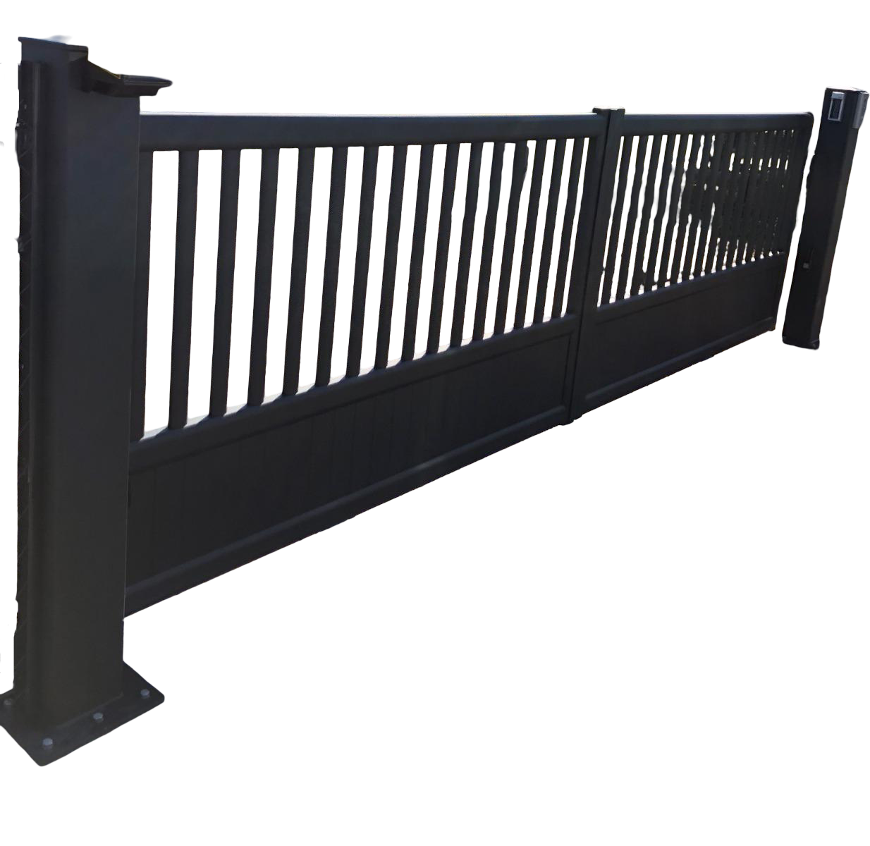 Portail d'allée en métal noir à lattes verticales.