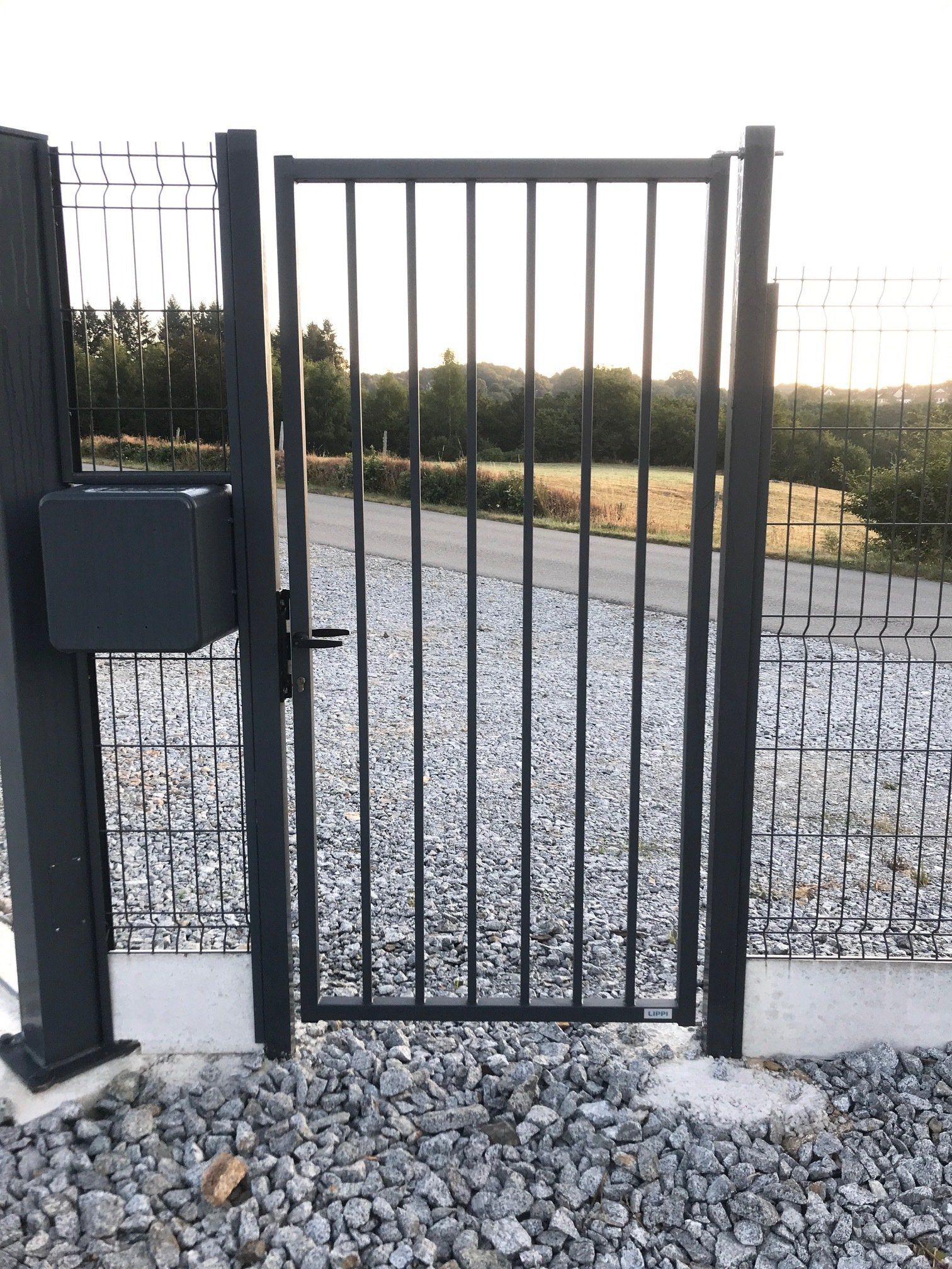 Un portail en métal noir, entouré d'une clôture, donne accès à une zone herbeuse.