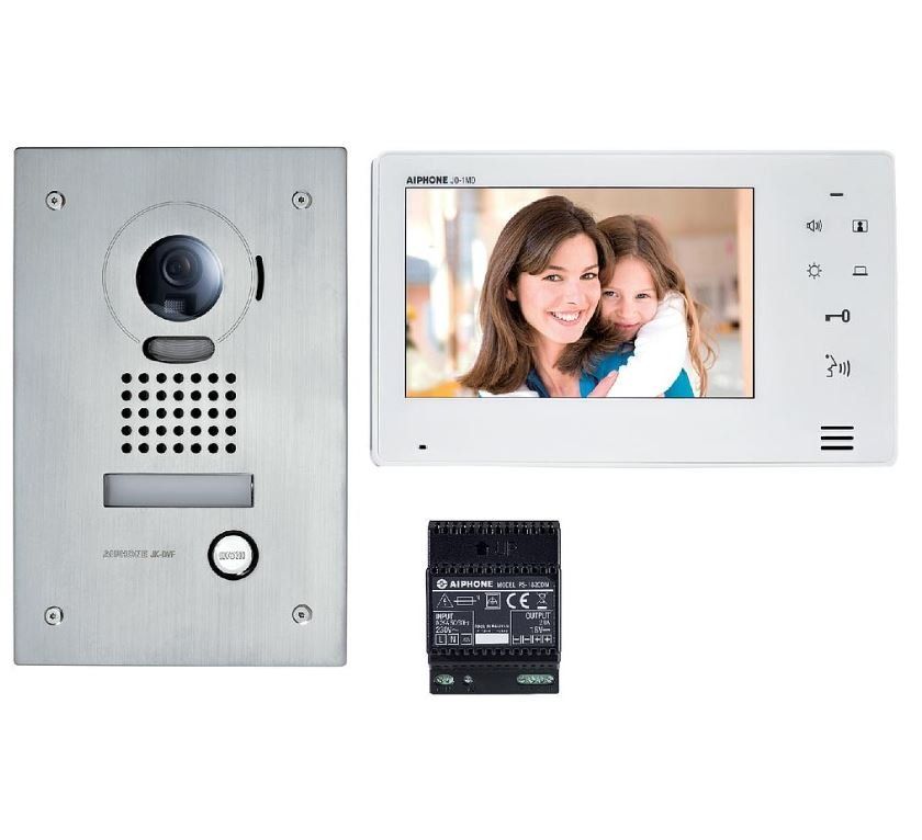 Système d'interphone vidéo avec sonnette extérieure, moniteur intérieur et alimentation électrique.