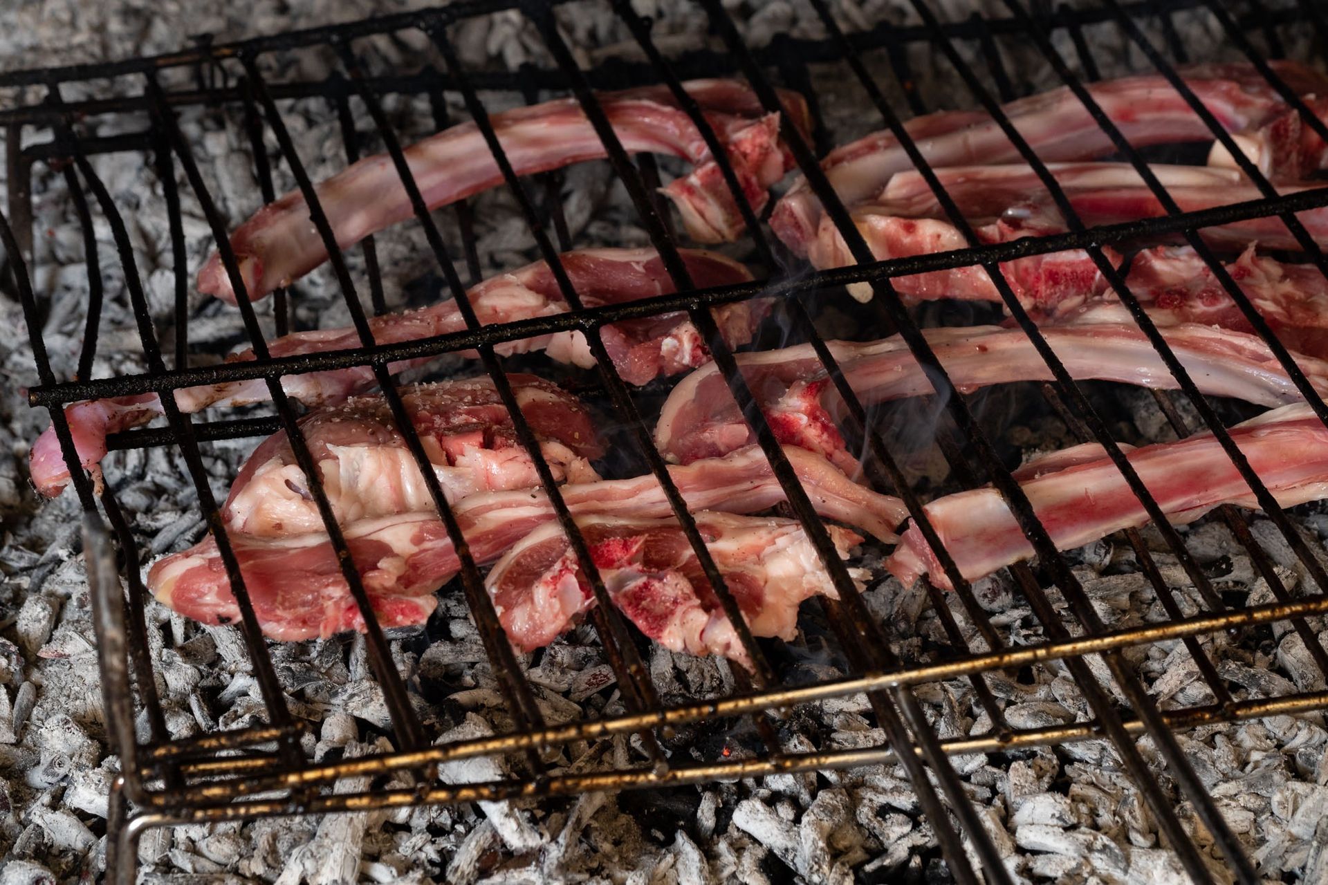 La carne se cocina en una parrilla con carbón.