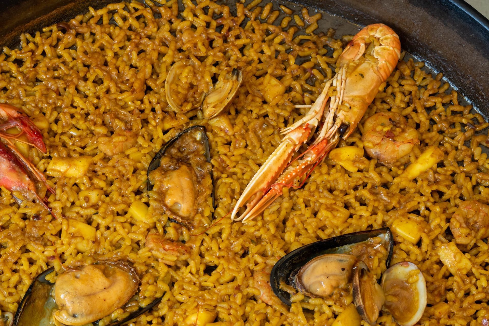 Un primer plano de una paella de mariscos con camarones y mejillones.
