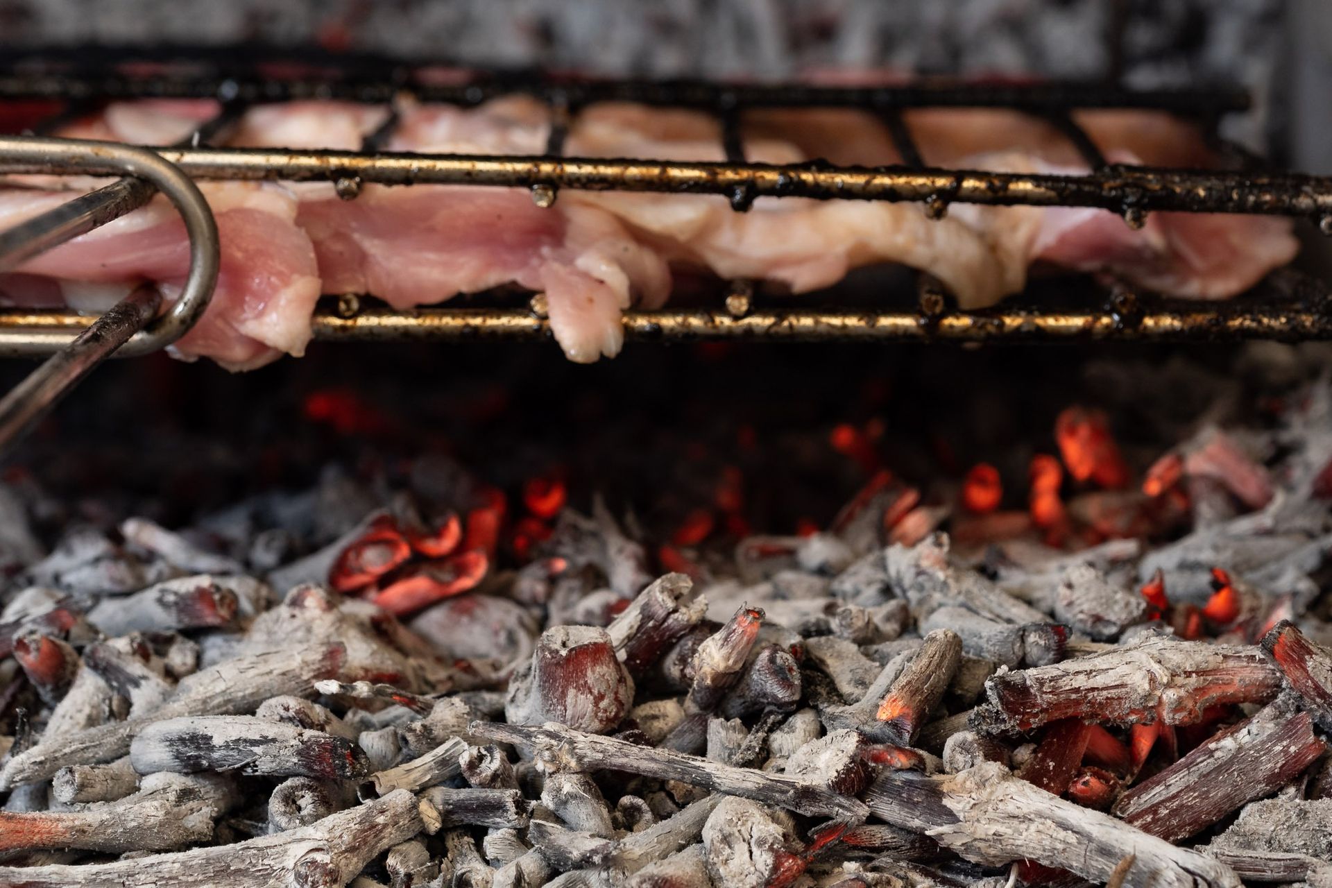 La carne se cocina en una parrilla sobre una pila de carbón.