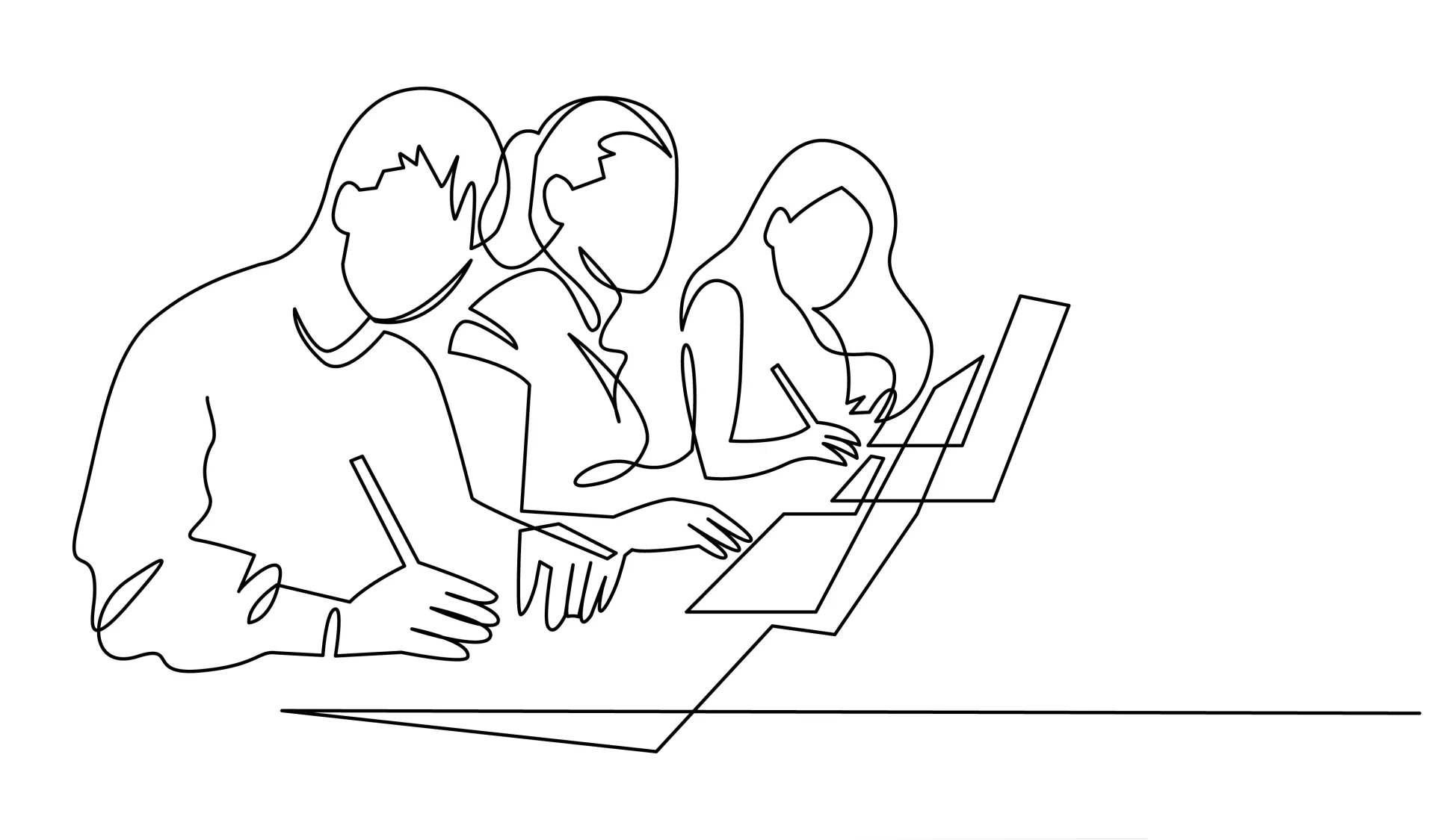 A continuous line drawing of a group of people sitting at a table.
