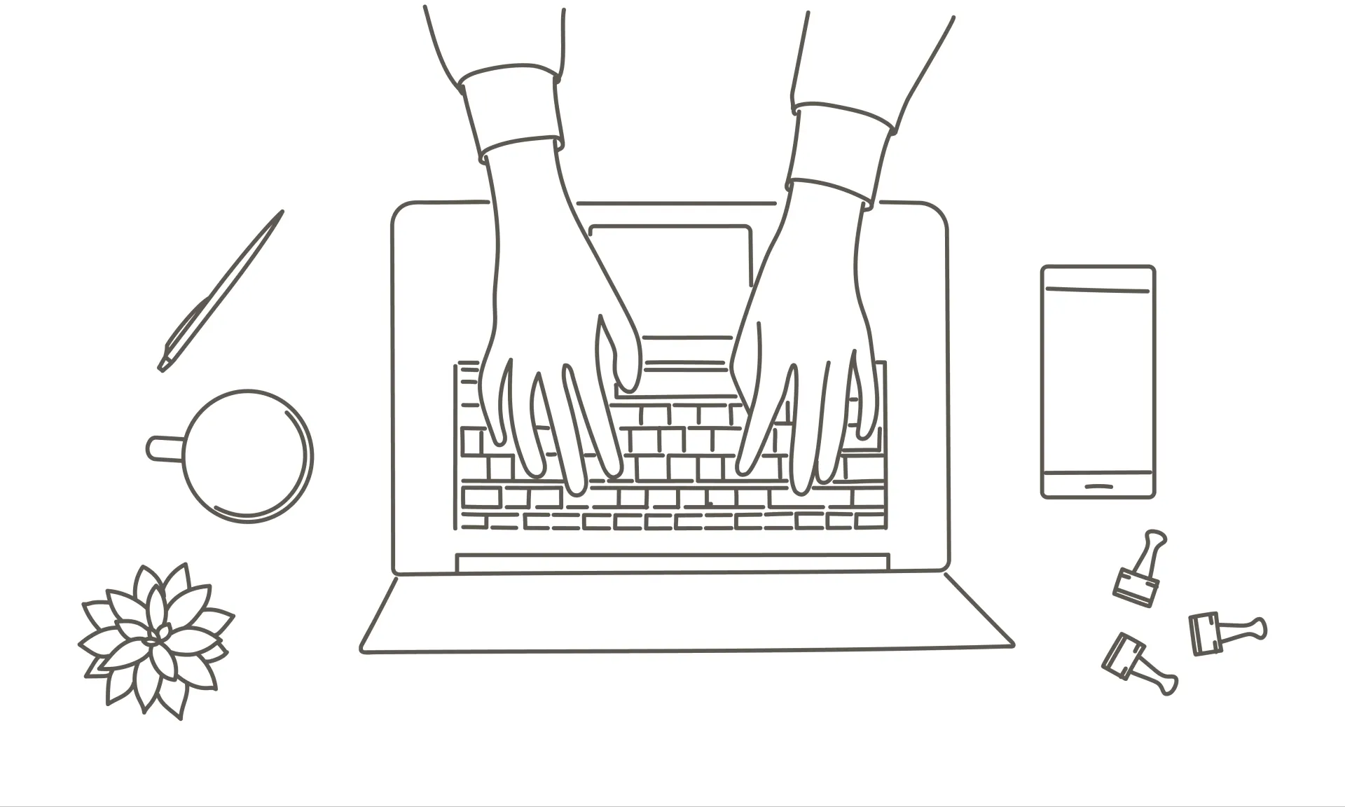 A black and white drawing of a person typing on a laptop computer.