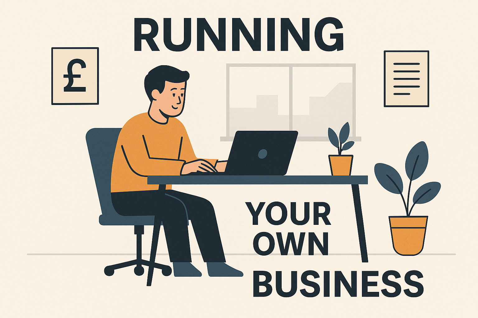 Illustration of a man working at a desk with a laptop, symbolising running your own business 