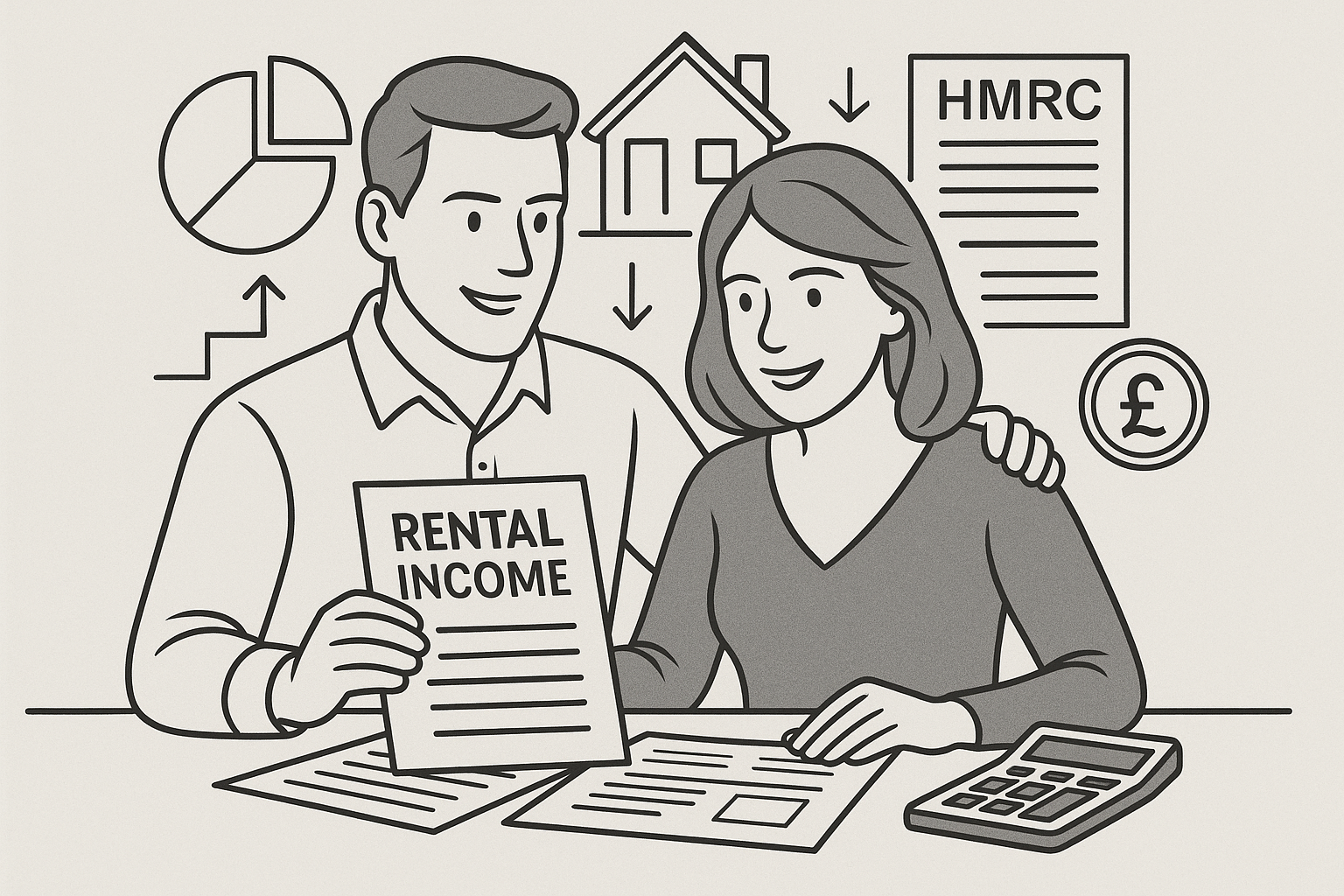 Couple reviewing rental income documents with financial icons, representing tax planning and income 