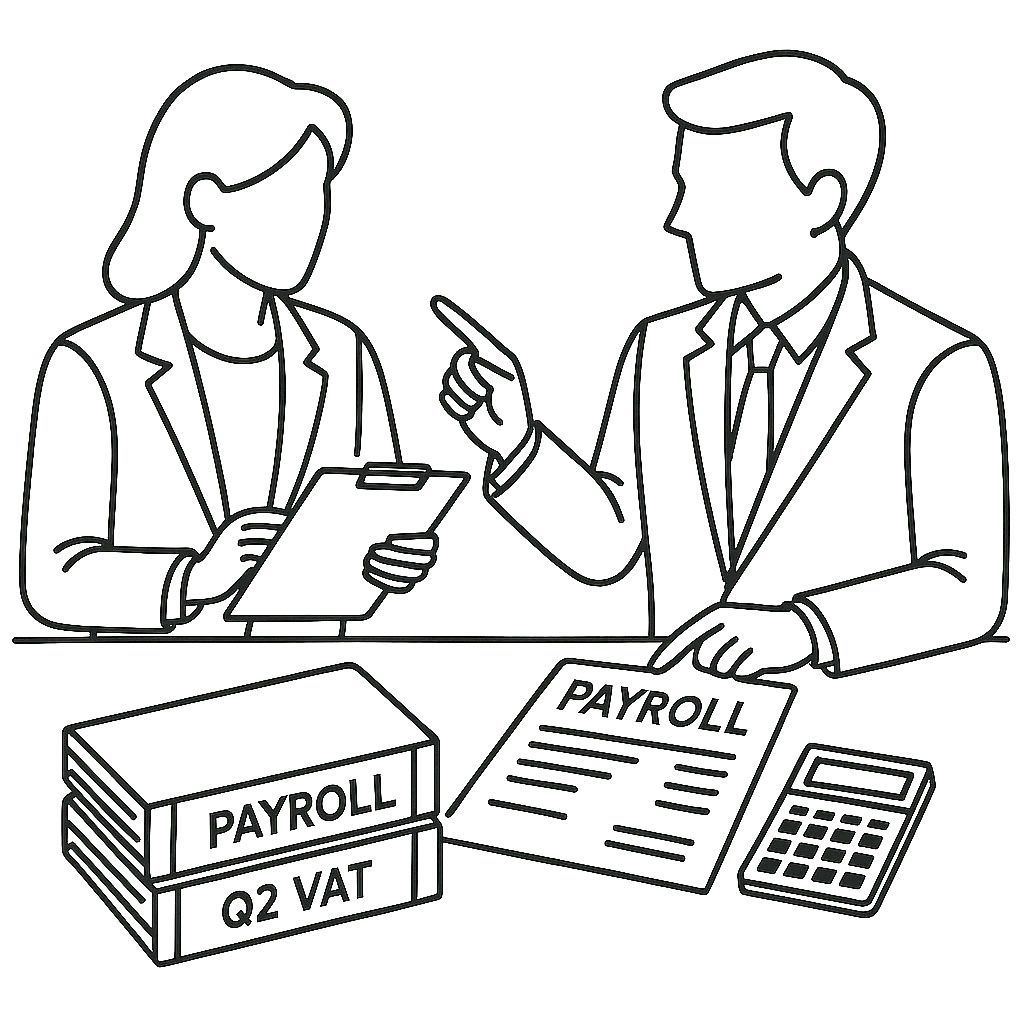 Two professionals reviewing payroll documents and payslips – SBX Accountants PAYE and payroll solutions