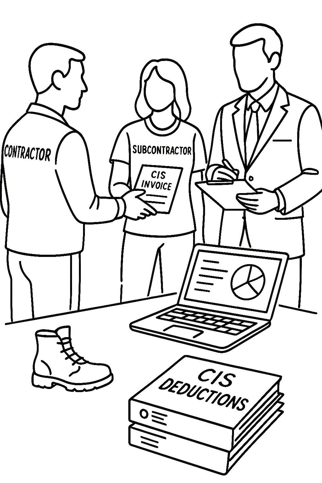 Contractor and subcontractor exchanging CIS invoice while accountant records deductions – SBX Accountants CIS tax services
