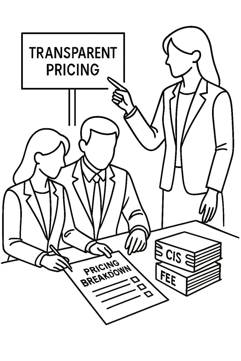 Three professionals reviewing a pricing breakdown with a transparent pricing sign