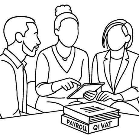 Smiling woman reviewing business documents at her desk with a laptop – SBX Accountants client support illustration