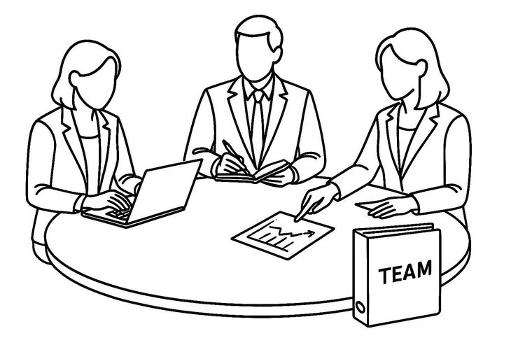 Professionals collaborating at a table with laptop, notebook, and chart – Meet the Team illustration