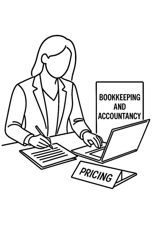 Professional working on her laptop, with Bookkeeping and Accountancy in large writing behind her.