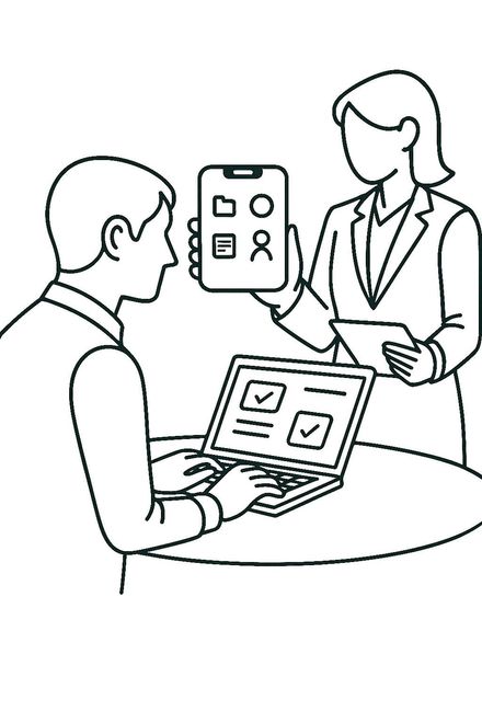 Client using mobile portal with accountant, reviewing tasks and documents on-screen – simple line drawing