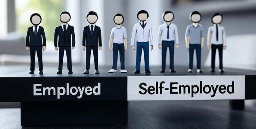 A group of people standing next to each other next to a sign that says employed and self-employed