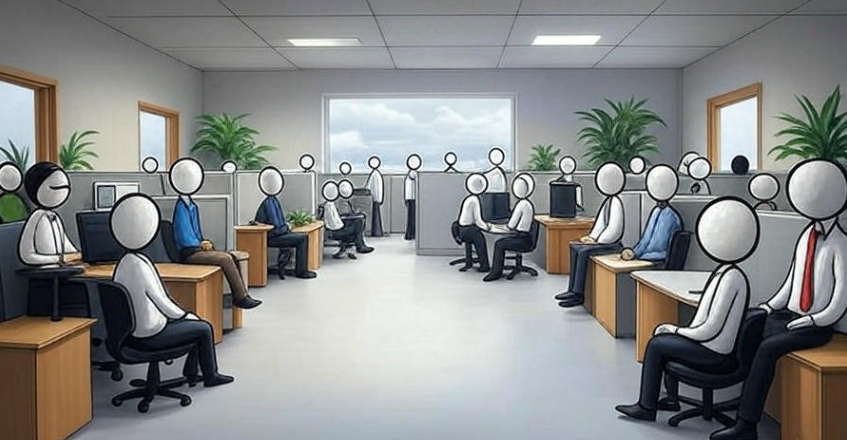 A group of people are sitting at desks in an office.