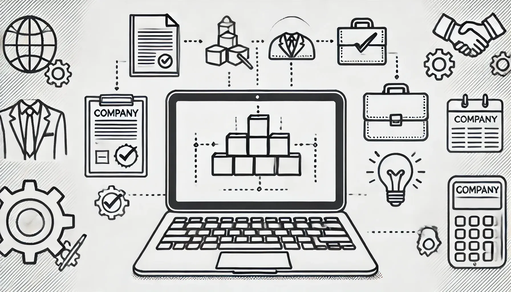 Illustration of a laptop surrounded by business icons, representing digital company formation and corporate structure.