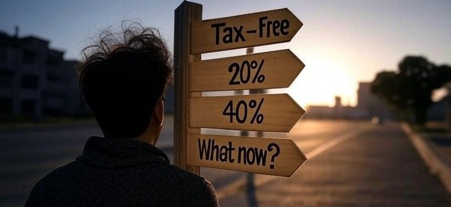 A man is standing in front of a sign that says tax-free.